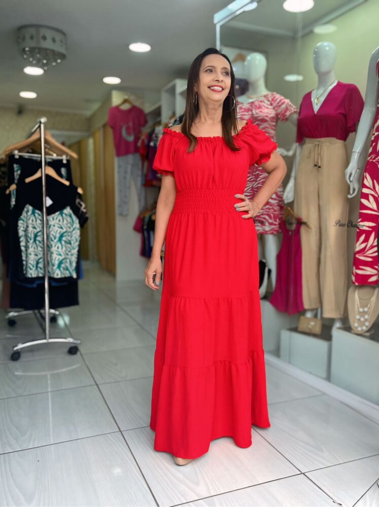 Vestido Longo Vermelho com Elástico na Cintura